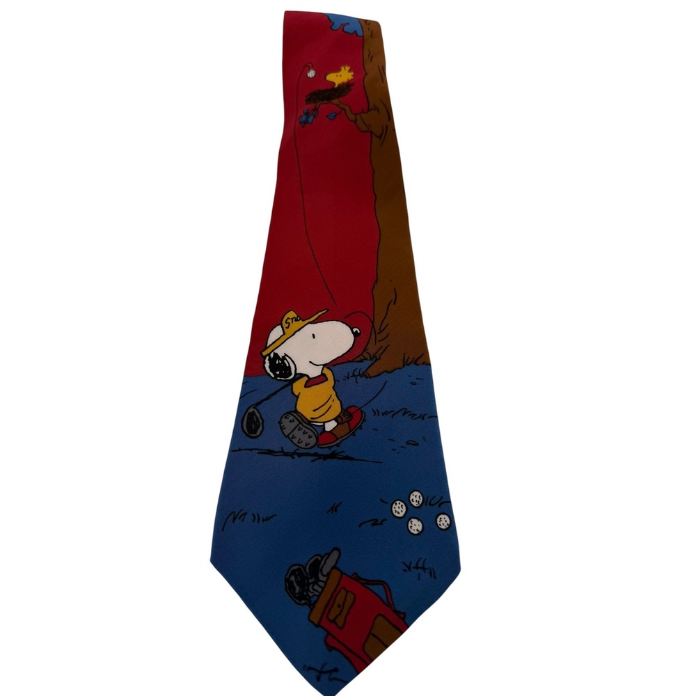 Vintage Peanuts Snoopy Golf Silk Tie Red Blue Woodstock (TD26)